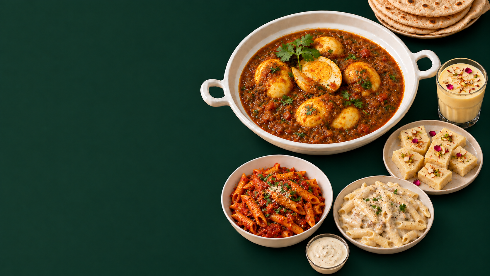 Masala egg curry with rotis, badam milk, barfi and pasta dishes